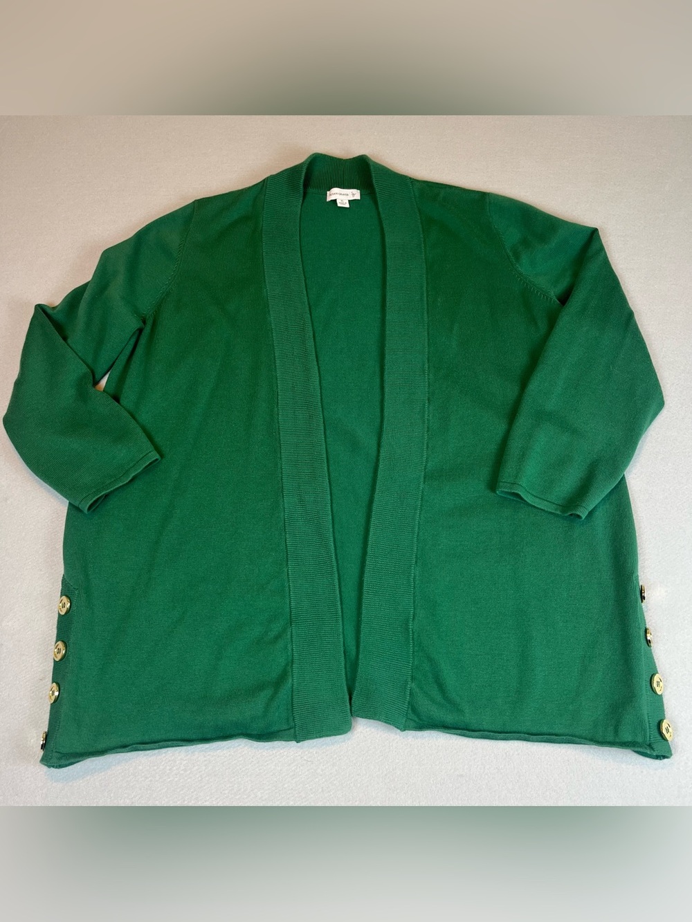 Susan Graver Cardigan Sweater XL Emerald Green Open Front Knit Gold Button